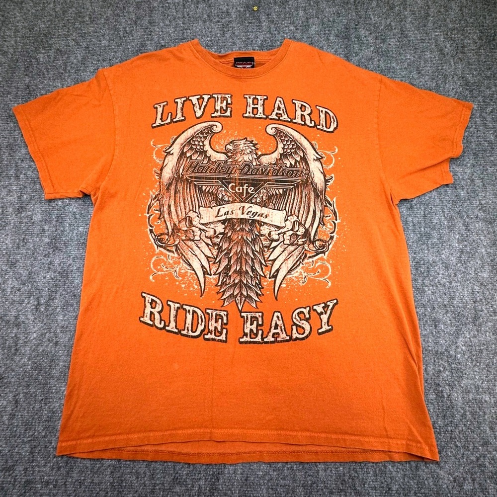 Harley-Davidson Cafe Las Vegas Orange Graphic T-Shirt Mens XL Ride Easy